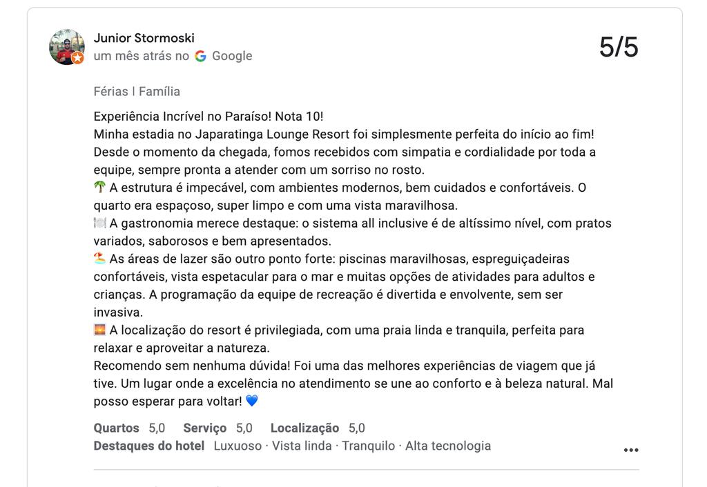 depoimento de hóspede no Google contando se o Japaratinga Lounge Resort vale a pena