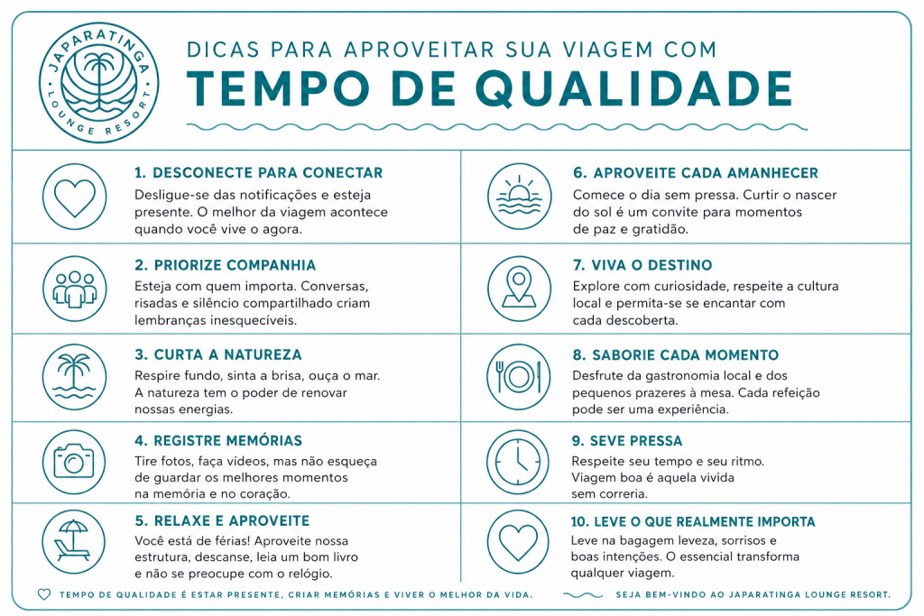 Infográfico com dicas para aproveitar viagem com tempo de qualidade.