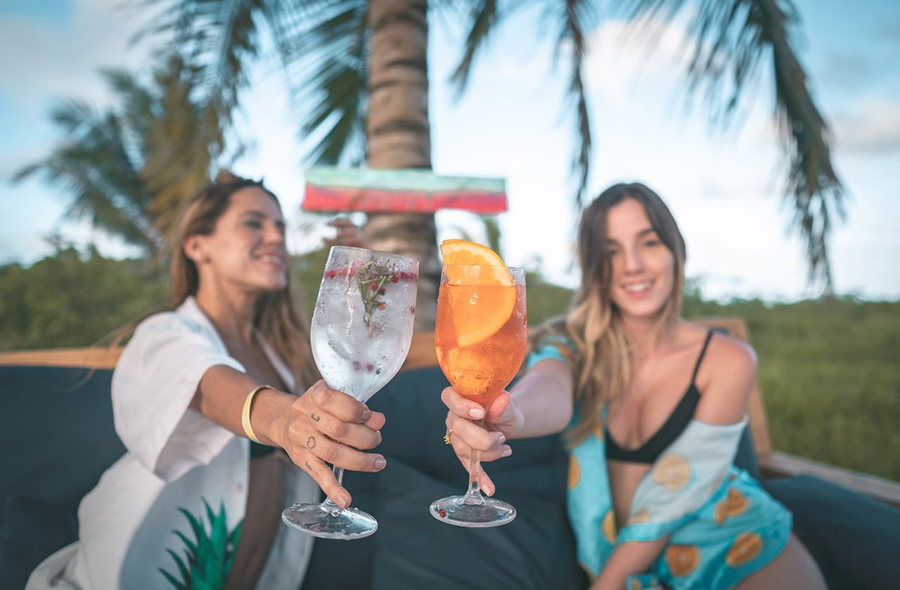 Duas jovens amigas sorridentes brindando em um ambiente ao ar livre. Uma segura um copo com uma bebida transparente e pedaços de fruta, enquanto a outra segura um coquetel de cor laranja. Ao fundo, palmeiras altas balançam sob um céu azul claro, refletindo a vibe relaxante de um resort all inclusive premium.