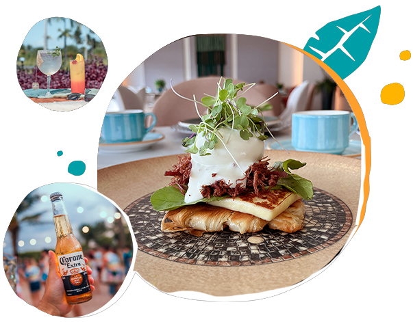 O melhor all inclusive do Brasil é no Japaratinga Lounge Resort Um prato de café da manhã com ovo poché sob croissant, queijo e carne desfiada. Bebidas incluindo drinks e cerveja servidas no all inclusive do Japaratinga Lounge Resort.