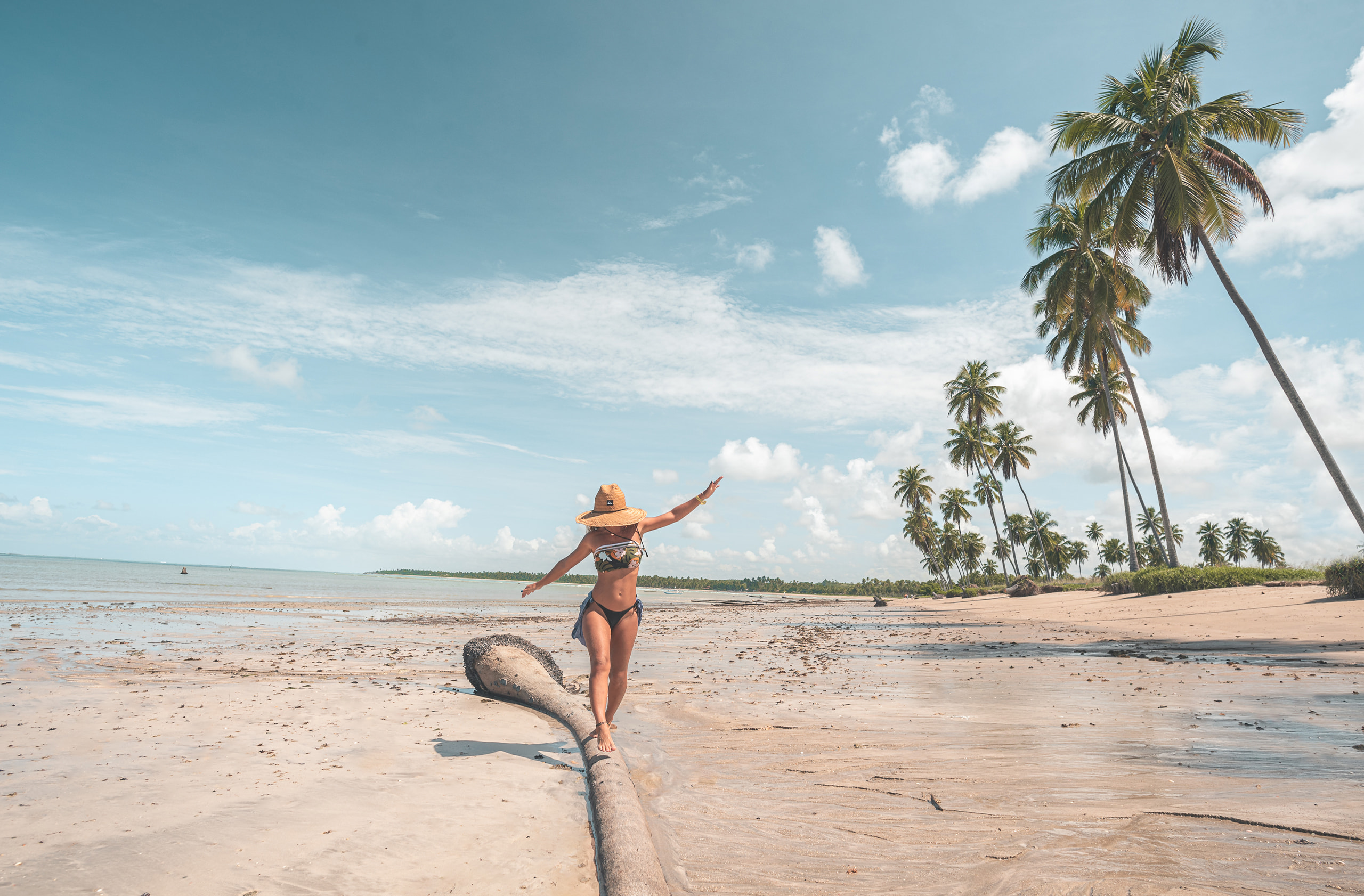 Uma mulher de biquíni e chapéu se equilibra sobre um tronco de coqueiro caído na areia da praia. Ao fundo, há coqueiros altos, o mar está com maré bem baixa e um céu com poucas nuvens.