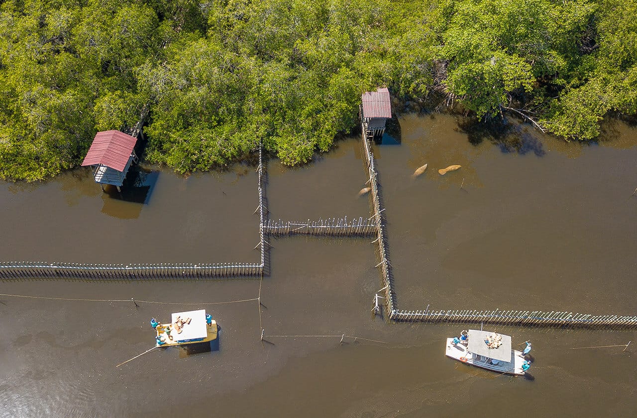 Vista de casas e barcos em rio de Porto de Pedras