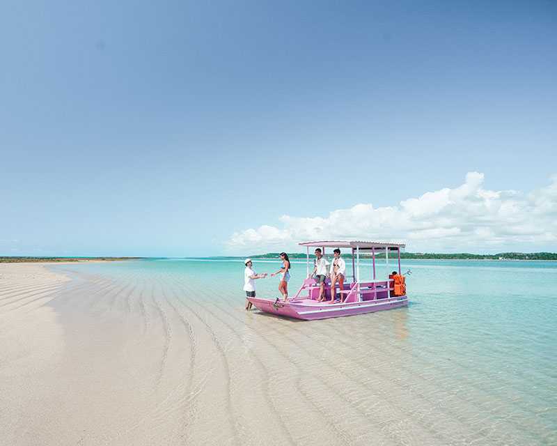 Imagem mostrando quatro amigos chegando de barco na Praia de Japaratinga.