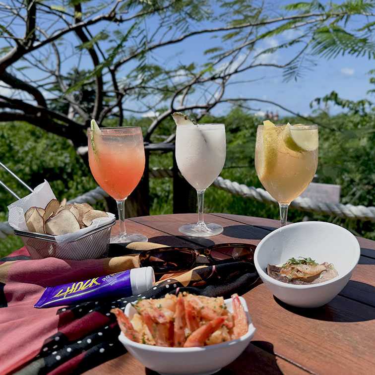 Três drinks coloridos (rosado, branco e amarelo), petiscos (camarão e chips de batata doce), óculos de sol e protetor solar sobre uma mesa de madeira em um deck. A vista de fundo é a densa vegetação e árvores, sob um céu azul.