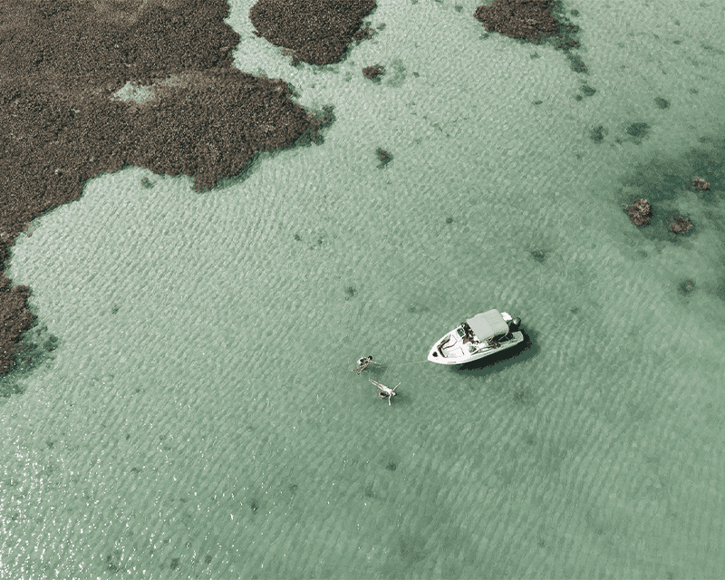 Casal mergulhando nas piscinas naturais de Japartinga, com lancha ancorada. É possível enxergar os recifes de corais, por causa das águas cristalinas.