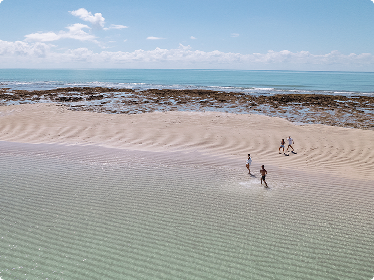 Casais de amigos caminhando na Croa de São Bento com águas cristalinas e explorando os recifes de corais
nas piscinas naturais.