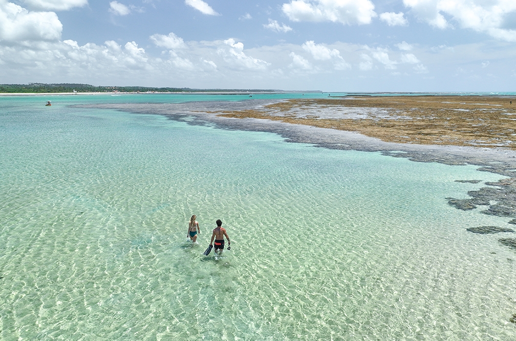 Casal caminhando em águas cristalinas nas piscinas naturais da praia de São miguel dos milagres. É possível ver de cima os recifes de corais expostos por esta com maré baixa.